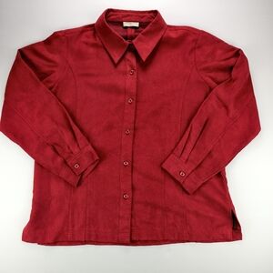 Laura Petites Deep Red Faux Suede Button-Up Blouse Women's Size 14 Soft Holiday